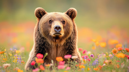 A majestic bear sits among colorful wildflowers, showcasing nature's beauty and the harmony of wildlife with vibrant surroundings.の素材