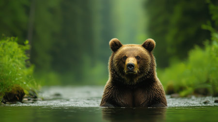 A solitary bear stands in a serene river, surrounded by lush greenery, creating a tranquil and captivating nature scene.の素材