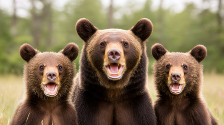 Three bears, two cubs and one adult, are playfully roaring in a lush green setting, showcasing their strength and camaraderie in nature.の素材