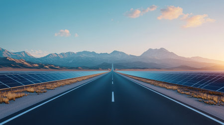 A long road stretches towards mountains, flanked by solar panels under a vibrant sky, showcasing a blend of technology and nature.の素材