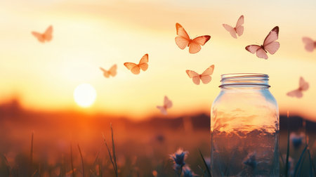 A serene sunset scene featuring butterflies fluttering around a jar, symbolizing freedom and beauty in nature.の素材