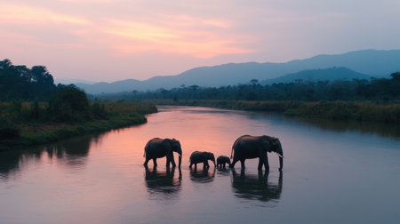 A serene sunset scene featuring a family of elephants wading through a river, surrounded by lush greenery and distant mountains.の素材