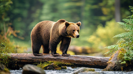 A majestic brown bear stands on a log over a calm river, surrounded by lush greenery, embodying the beauty of wildlife.の素材