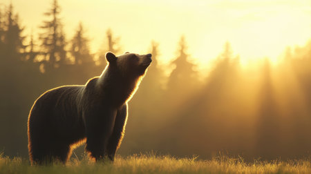 A silhouette of a bear in a golden sunset, surrounded by trees, capturing a serene moment in nature.の素材