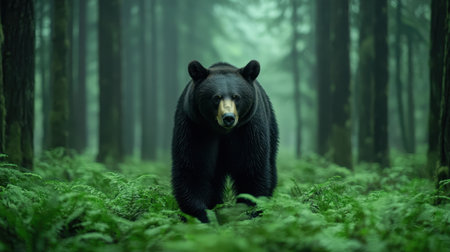 A majestic black bear walks through a lush, green forest, surrounded by towering trees and ferns, embodying the beauty of nature.の素材