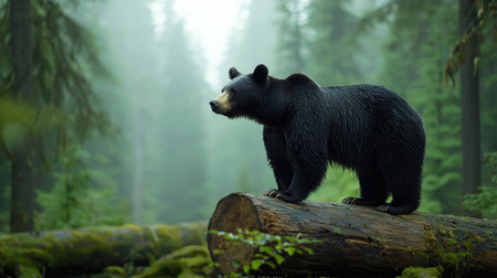 A black bear stands on a log in a misty forest, surrounded by lush greenery and towering trees, embodying the serenity of nature.の素材