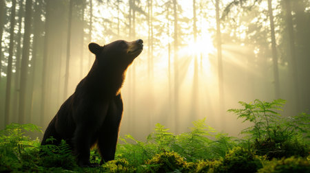 A bear stands in a misty forest, basking in sunlight that filters through the trees, creating a serene and enchanting atmosphere.の素材