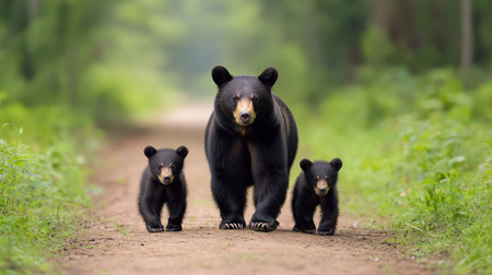 A mother bear walks along a forest path with her two cubs, surrounded by lush greenery, showcasing a tender family moment in nature.の素材