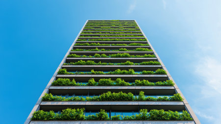 A modern building adorned with vertical greenery, showcasing a sustainable design against a blue sky.の素材