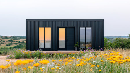 A modern black house surrounded by vibrant wildflowers, set against a serene landscape, showcasing a blend of nature and contemporary architecture.の素材