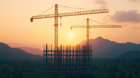 Two cranes silhouetted against a sunset, overlooking a construction site with steel rebar structures and mountains in the background.の素材