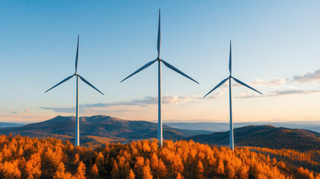 Wind turbines stand tall against a backdrop of autumn foliage, showcasing renewable energy in a vibrant landscape at sunset.の素材