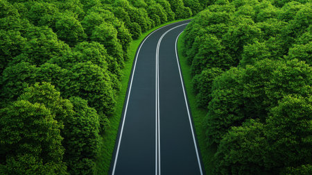 A scenic, winding road nestled among lush green trees, creating a serene and inviting atmosphere for nature lovers.の素材