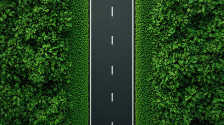 Aerial view of a straight road bordered by lush green foliage, creating a serene natural landscape.の素材