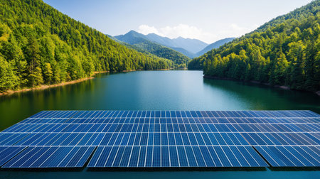 A serene landscape featuring solar panels on water, surrounded by lush green mountains and a clear blue sky, emphasizing renewable energy and nature.の素材