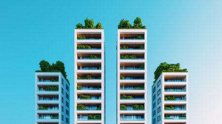Modern residential buildings with greenery on rooftops, set against a clear blue sky, showcasing a blend of nature and architecture.の素材
