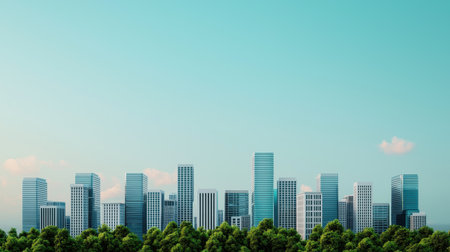 A modern city skyline with various skyscrapers under a clear blue sky, surrounded by lush greenery.の素材