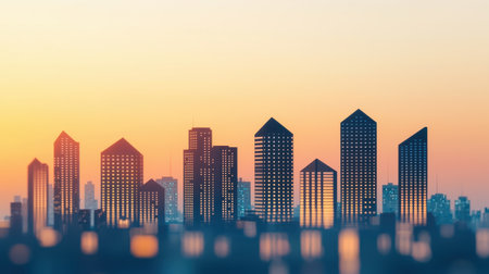 A skyline silhouette of modern buildings against a warm sunset, showcasing architectural diversity and urban beauty.の素材