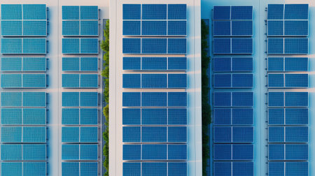 An aerial view of solar panels installed in neat rows, reflecting sunlight, emphasizing renewable energy and sustainable technology.の素材