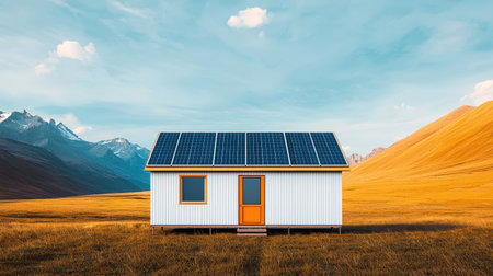 A modern, solar-powered house stands alone in a vast golden landscape with mountains in the background under a clear blue sky.の素材