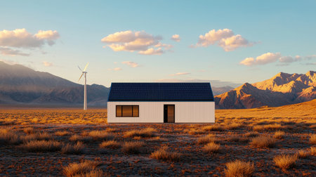 A modern, white house stands alone in a vast, arid landscape under a colorful sky, with mountains in the distance and a wind turbine nearby.の素材