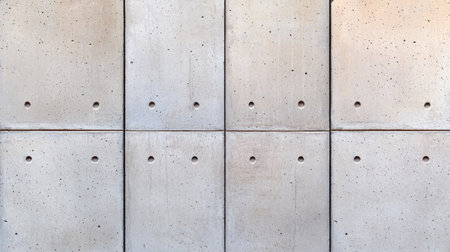A close-up view of textured concrete wall panels, featuring a uniform arrangement with small holes, showcasing a modern industrial aesthetic.の素材