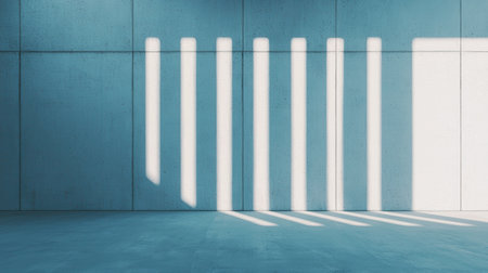 A minimalist interior with blue walls and long shadows cast by vertical light, creating a serene and modern atmosphere.の素材