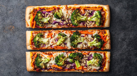 A vibrant flatbread pizza topped with broccoli, bell peppers, and cheese, presented on a dark stone surface.の素材