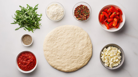 A flat pizza dough surrounded by fresh ingredients like tomatoes, cheese, arugula, and spices, ready for assembling a delicious pie.の素材