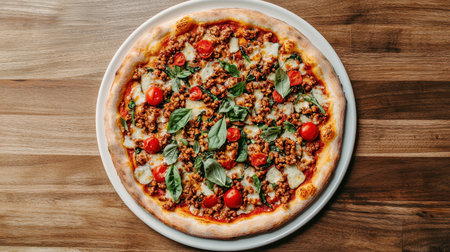 A delicious pizza topped with fresh basil, ground meat, cherry tomatoes, and cheese, served on a wooden table.の素材