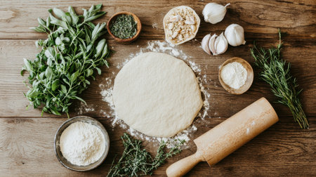 A rustic kitchen scene featuring fresh herbs, garlic, and a rolled dough, showcasing a preparation space for baking.の素材