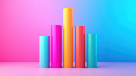 A vibrant arrangement of cylindrical shapes in various colors, set against a gradient background, creating a modern and playful aesthetic.の素材