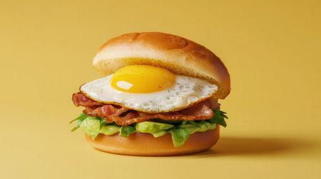 A delicious egg and bacon sandwich featuring fresh lettuce, served on a soft bun against a vibrant yellow background.の素材