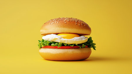 A colorful burger featuring a sesame seed bun, fresh lettuce, tomato, and a perfectly cooked egg, set against a vibrant yellow background.の素材