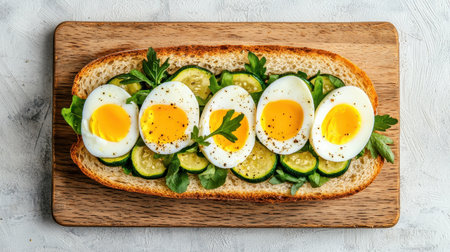 A vibrant toast topped with sliced cucumbers, cooked eggs, and fresh herbs, presented on a wooden board.の素材