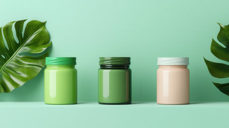 Three colorful jars stand against a light green background, complemented by green leaves, creating a fresh and vibrant aesthetic.の素材