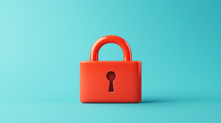 A bright red padlock with a keyhole stands against a turquoise background, symbolizing security and protection.の素材