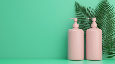 Two pink bottles sit against a vibrant green backdrop, complemented by lush green leaves, creating a fresh and modern aesthetic.の素材