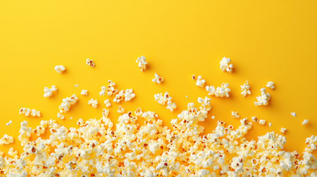 A vibrant yellow background with scattered popcorn, creating a cheerful and playful atmosphere.の素材