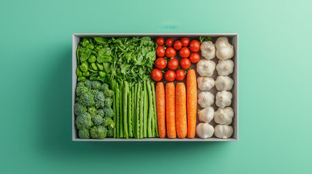 A vibrant assortment of fresh vegetables arranged neatly in a box, featuring greens, carrots, tomatoes, and garlic against a teal background.の素材