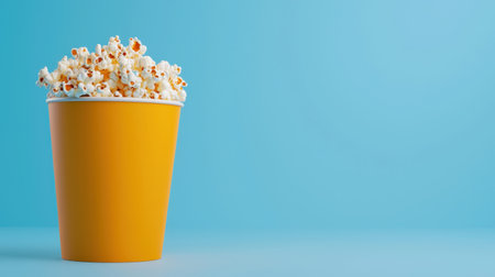 A vibrant yellow cup filled with fluffy popcorn against a light blue background, perfect for movie nights or snacks.の素材