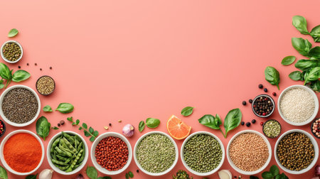 A vibrant display of diverse spices and herbs arranged in bowls, set against a soft pink background, showcasing colors and textures.の素材
