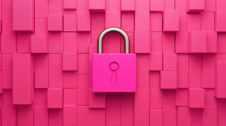 A vibrant pink padlock is centered against a textured pink background, symbolizing security and protection in a bold and modern way.の素材