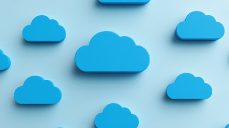 A playful arrangement of blue clouds on a soft blue background, creating a whimsical, lighthearted atmosphere.の素材