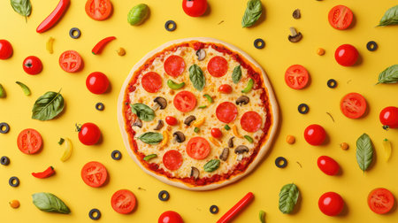 A colorful vegetarian pizza topped with tomatoes, olives, and basil on a bright yellow background, surrounded by fresh ingredients.の素材
