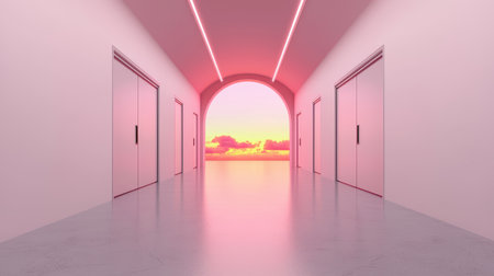 A serene corridor with glowing lights leads to a sunset, creating a tranquil and dreamlike atmosphere.の素材