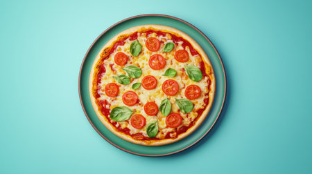 A vibrant pizza topped with fresh tomatoes and basil, set against a turquoise background, showcasing deliciousness.の素材