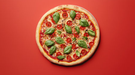 A vibrant pizza topped with fresh basil and cherry tomatoes, resting on a bright red background.の素材