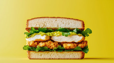 A delicious fried chicken sandwich layered with fresh greens and creamy sauce, set against a vibrant yellow background.の素材