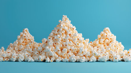 A vibrant mound of popcorn resembling a mountain range, set against a bright blue background, evoking a playful and whimsical atmosphere.の素材